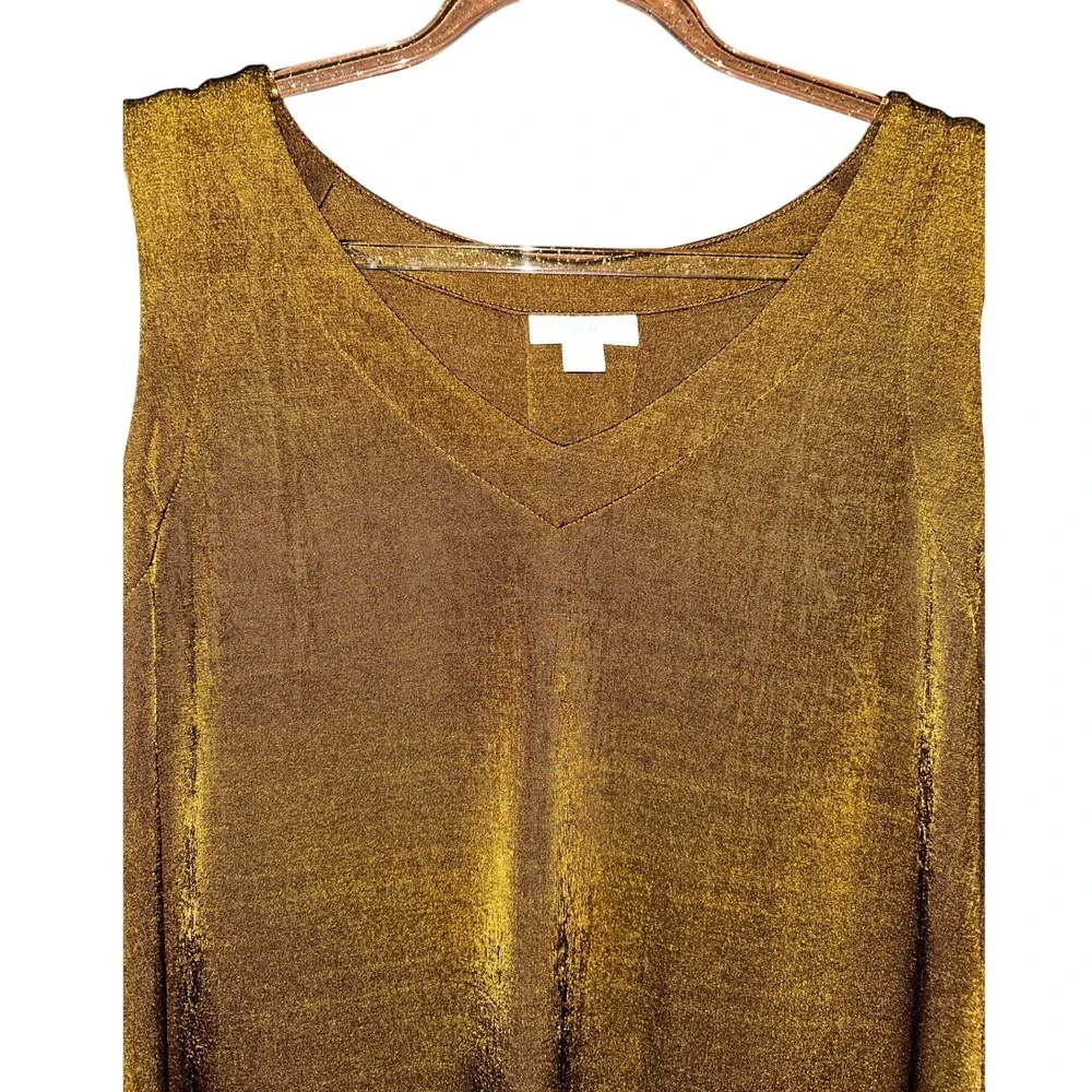 J.Jill Womens Metallic Shimmer V-Neck Tank Top Hazelnut Brown Pleated Back Small